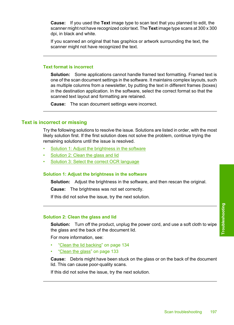 Text is incorrect or missing, Text format is incorrect | HP Photosmart C6340 All-in-One Printer User Manual | Page 200 / 331