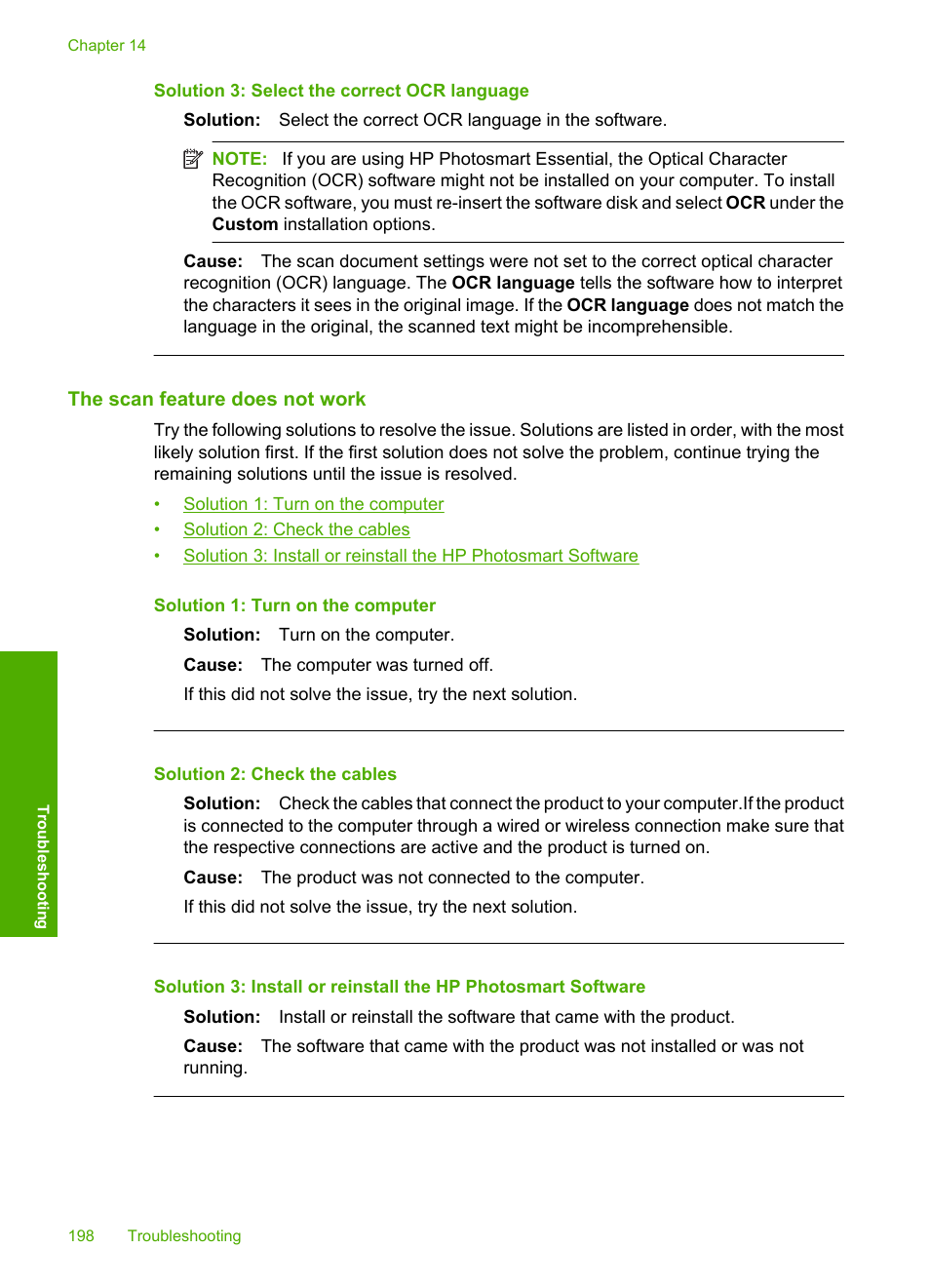 The scan feature does not work, Solution 3: select the correct ocr language | HP Photosmart C6340 All-in-One Printer User Manual | Page 201 / 331