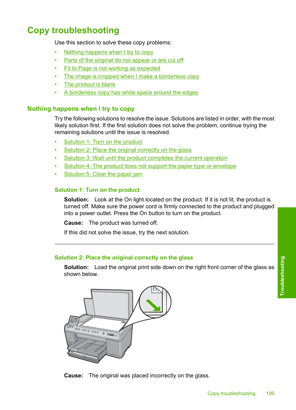 Copy troubleshooting, Nothing happens when i try to copy | HP Photosmart C6340 All-in-One Printer User Manual | Page 202 / 331