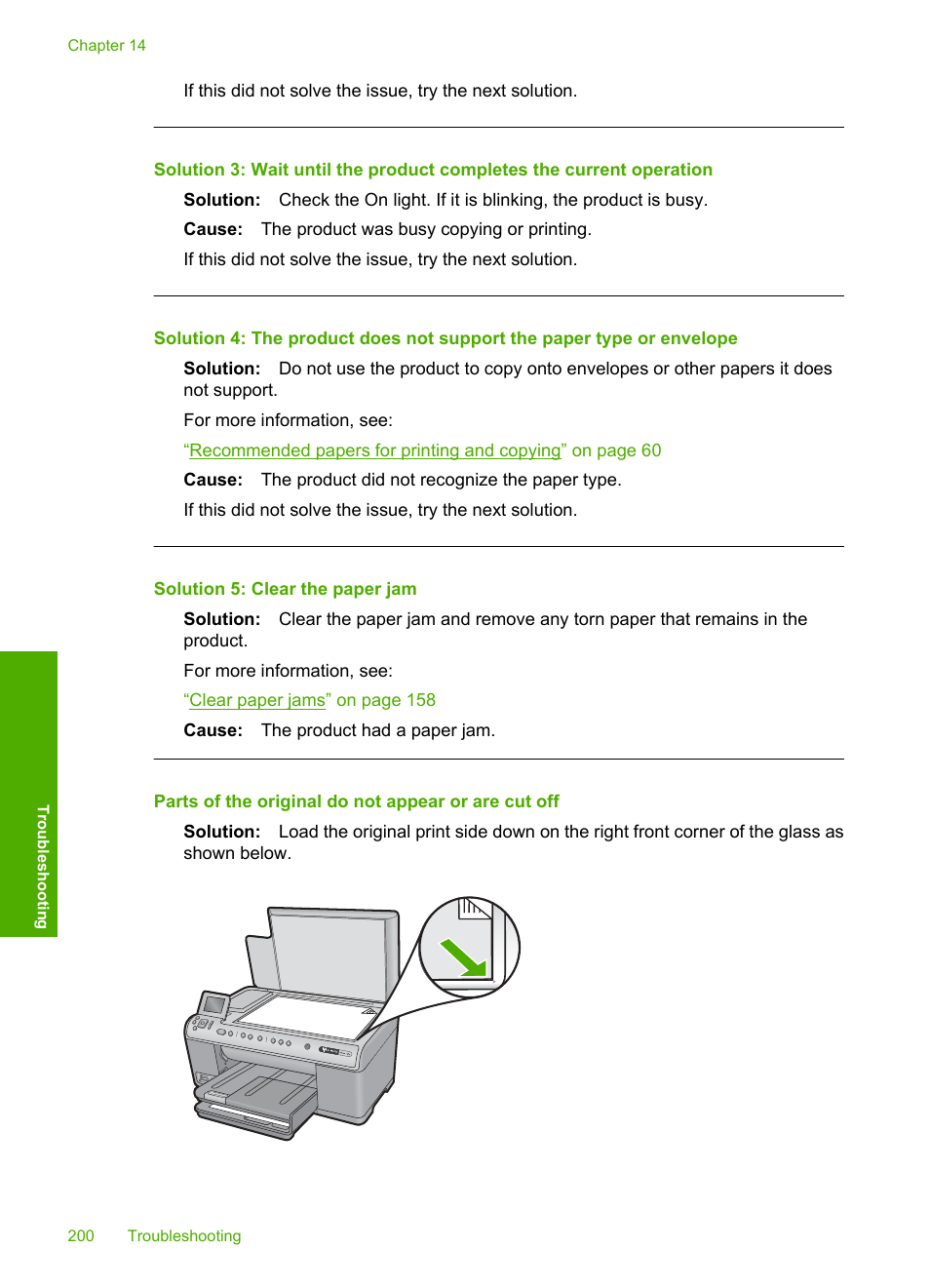 Parts of the original do not appear or are cut off, Solution 5: clear the paper jam | HP Photosmart C6340 All-in-One Printer User Manual | Page 203 / 331