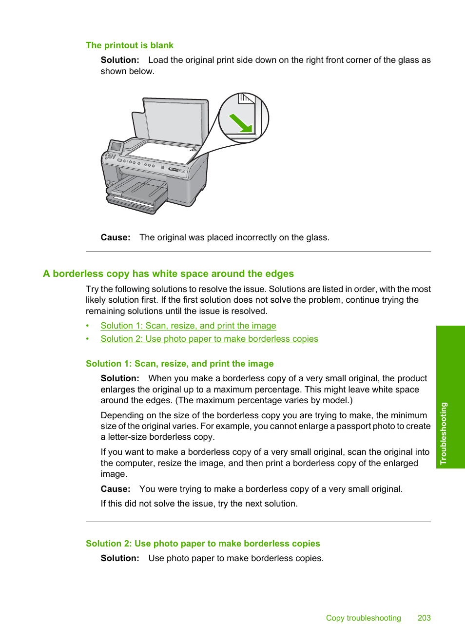 A borderless copy has white space around the edges, The printout is blank | HP Photosmart C6340 All-in-One Printer User Manual | Page 206 / 331