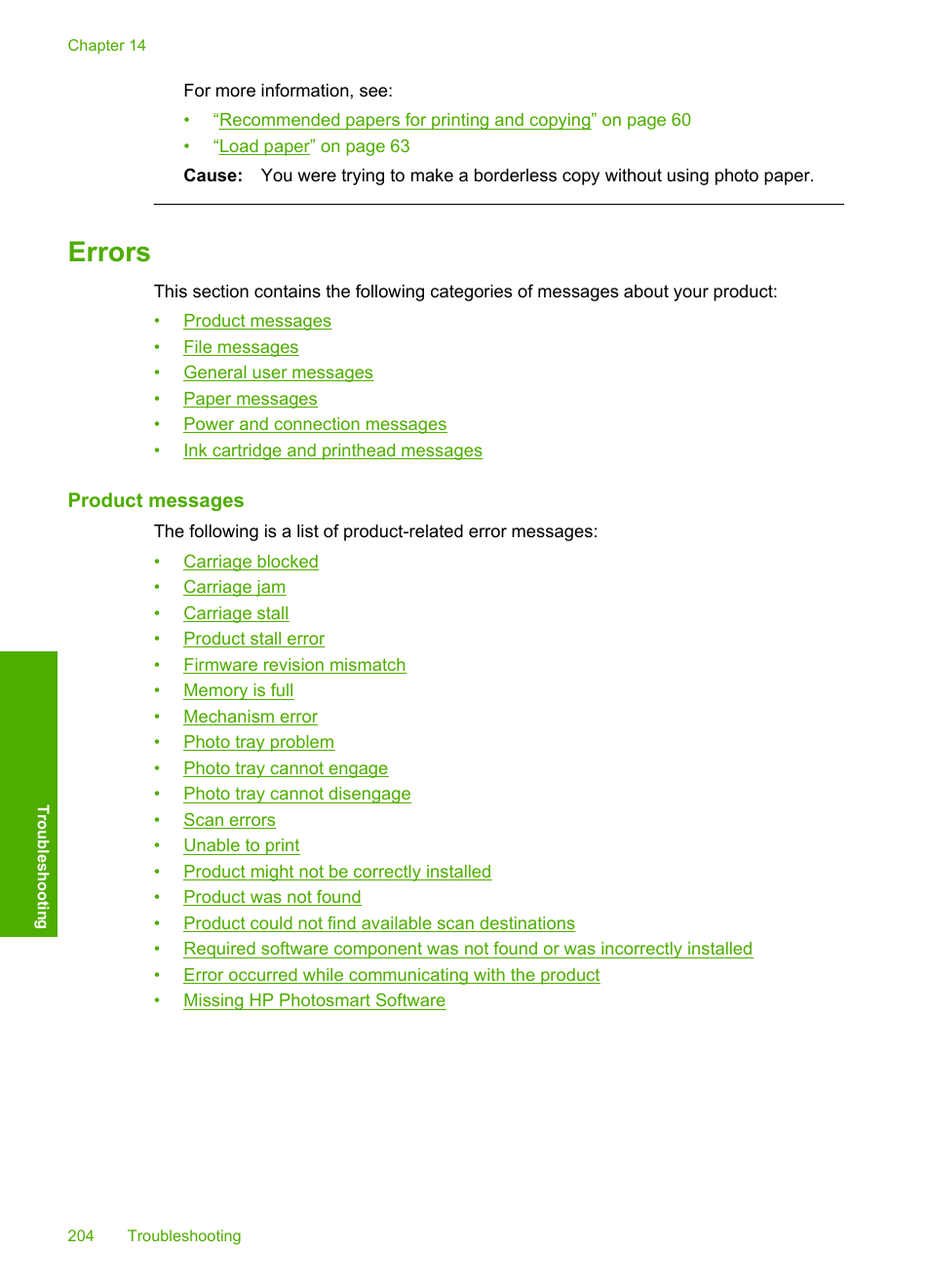Errors, Product messages | HP Photosmart C6340 All-in-One Printer User Manual | Page 207 / 331