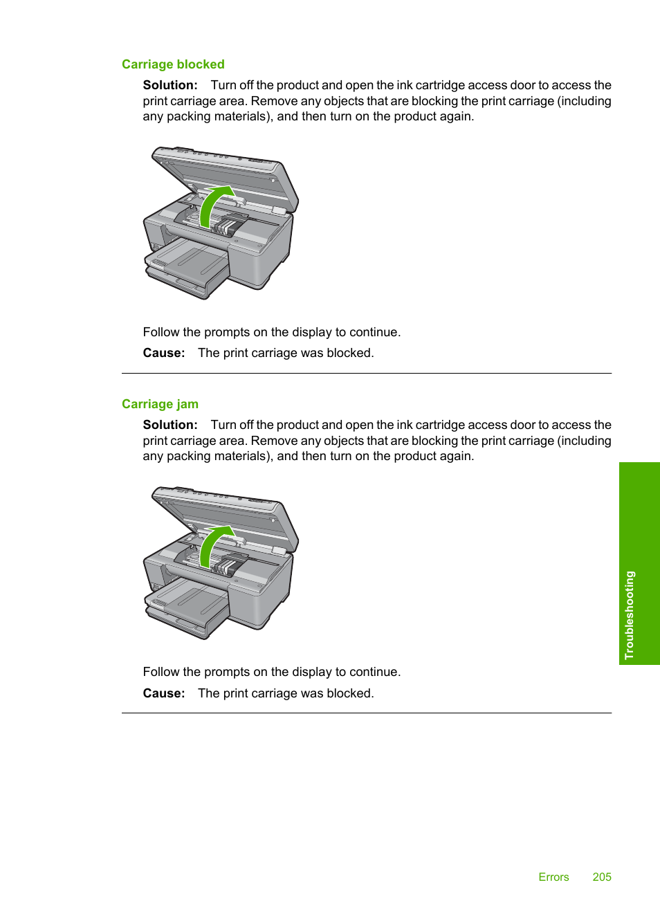 Carriage blocked, Carriage jam | HP Photosmart C6340 All-in-One Printer User Manual | Page 208 / 331