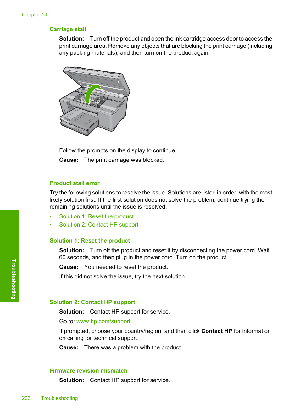 Product stall error, Carriage stall, Firmware revision mismatch | HP Photosmart C6340 All-in-One Printer User Manual | Page 209 / 331