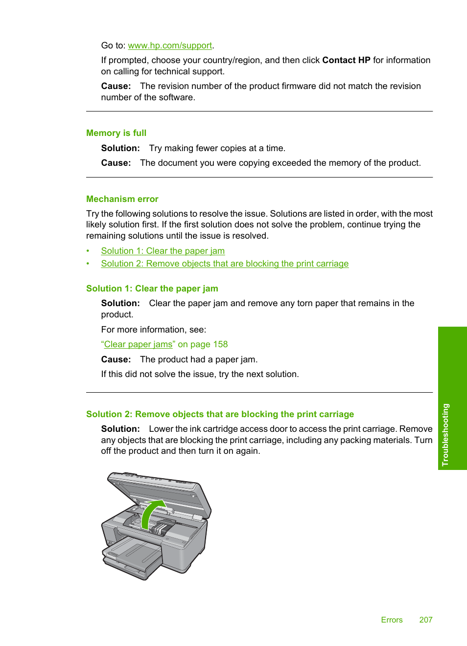 Mechanism error, Memory is full | HP Photosmart C6340 All-in-One Printer User Manual | Page 210 / 331