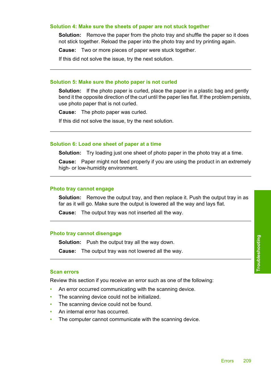 Scan errors, Photo tray cannot engage, Photo tray cannot disengage | Solution 6: load one sheet of paper at a time | HP Photosmart C6340 All-in-One Printer User Manual | Page 212 / 331