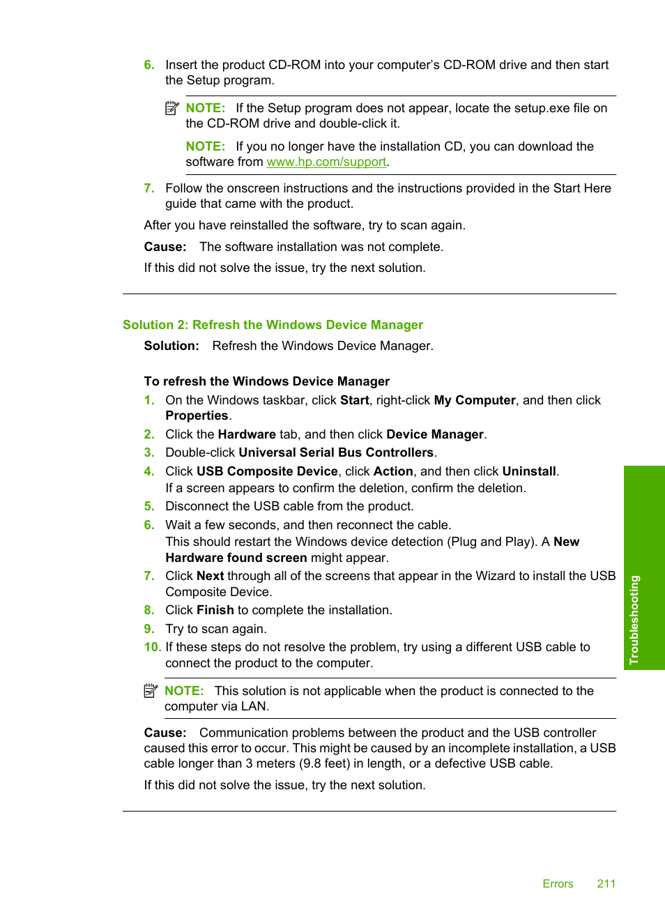 Solution 2: refresh the windows device manager | HP Photosmart C6340 All-in-One Printer User Manual | Page 214 / 331