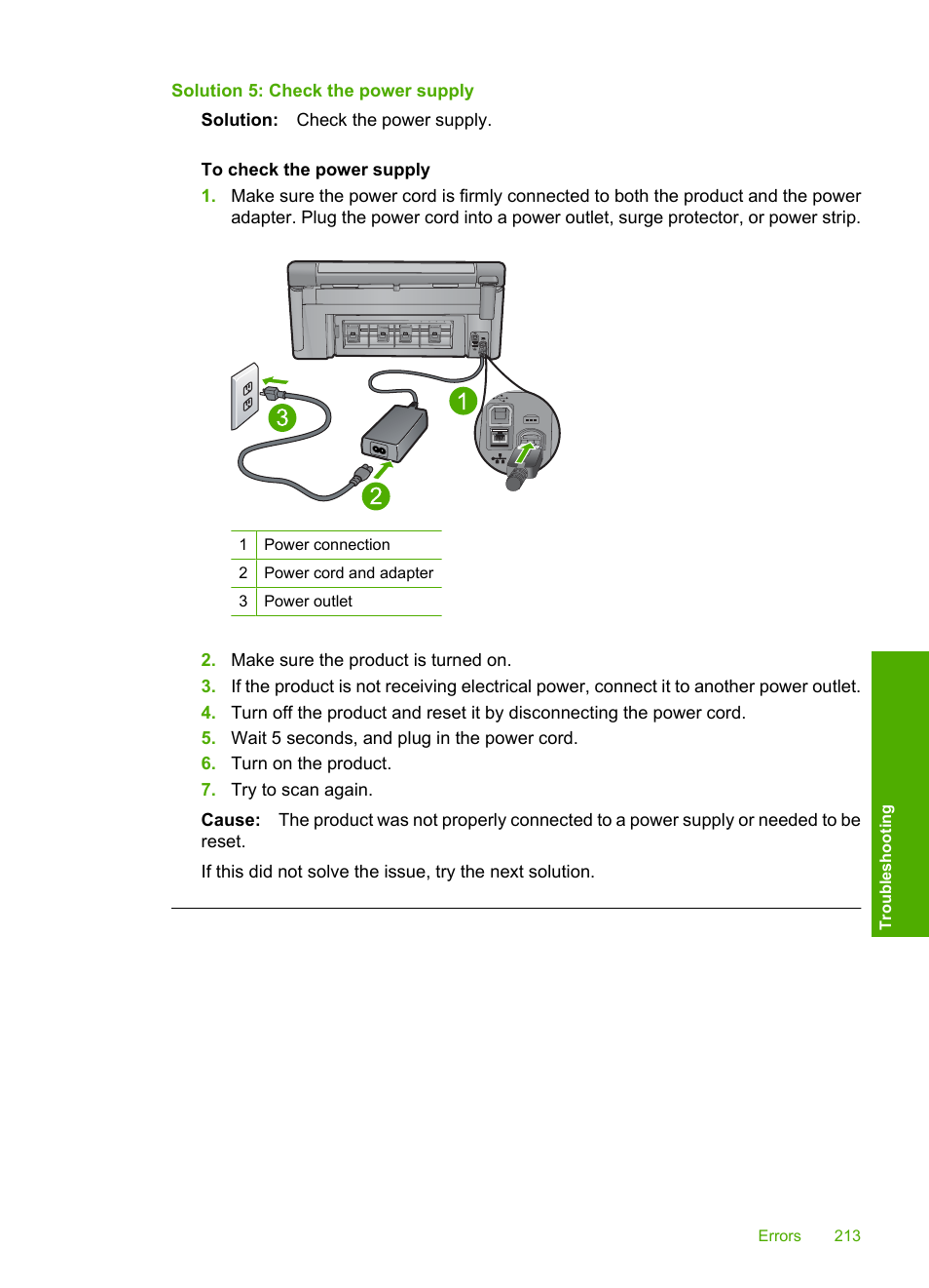 Solution 5: check the power supply | HP Photosmart C6340 All-in-One Printer User Manual | Page 216 / 331