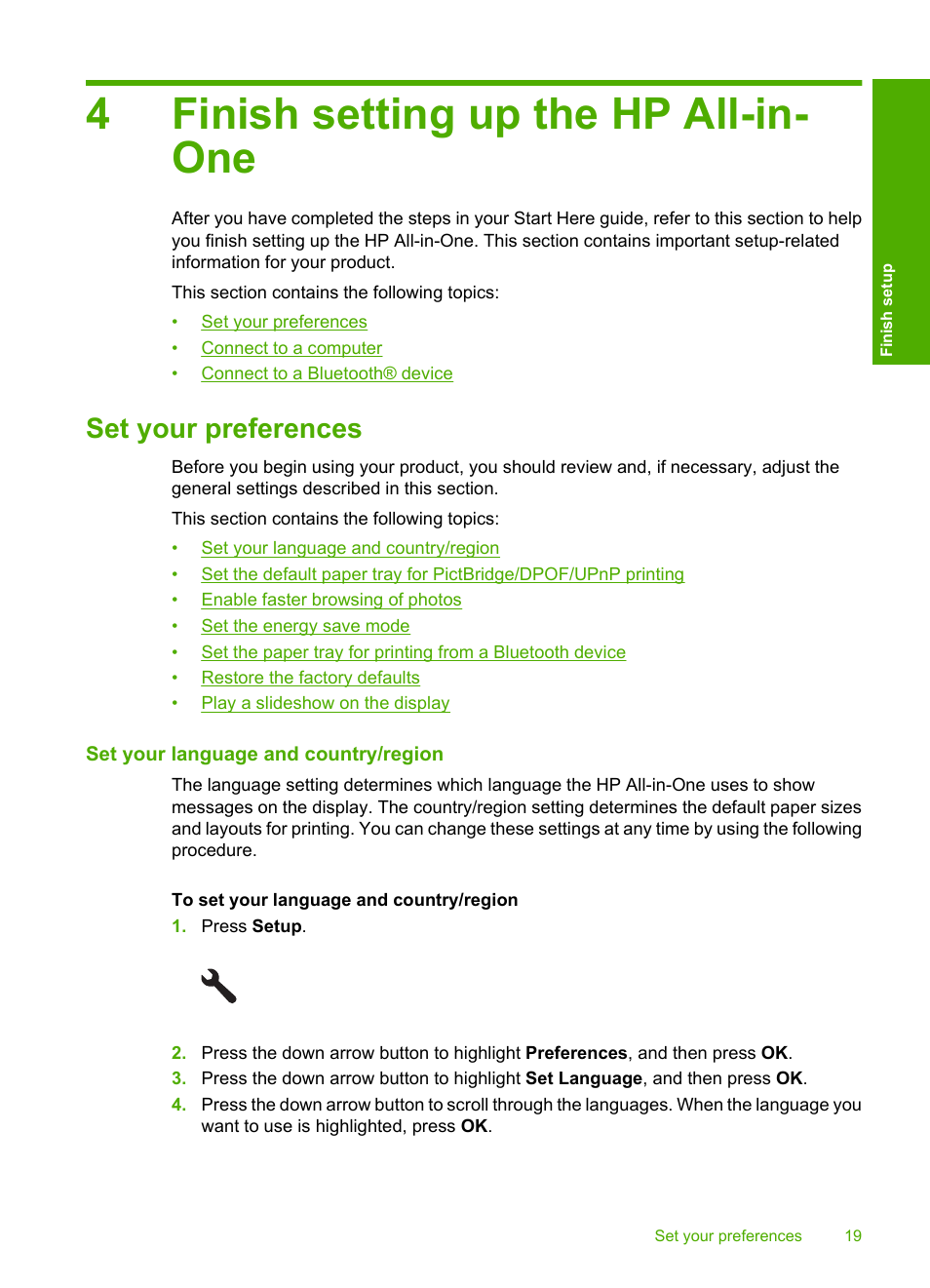Finish setting up the hp all-in-one, Set your preferences, Set your language and country/region | 4 finish setting up the hp all-in-one, 4finish setting up the hp all-in- one | HP Photosmart C6340 All-in-One Printer User Manual | Page 22 / 331