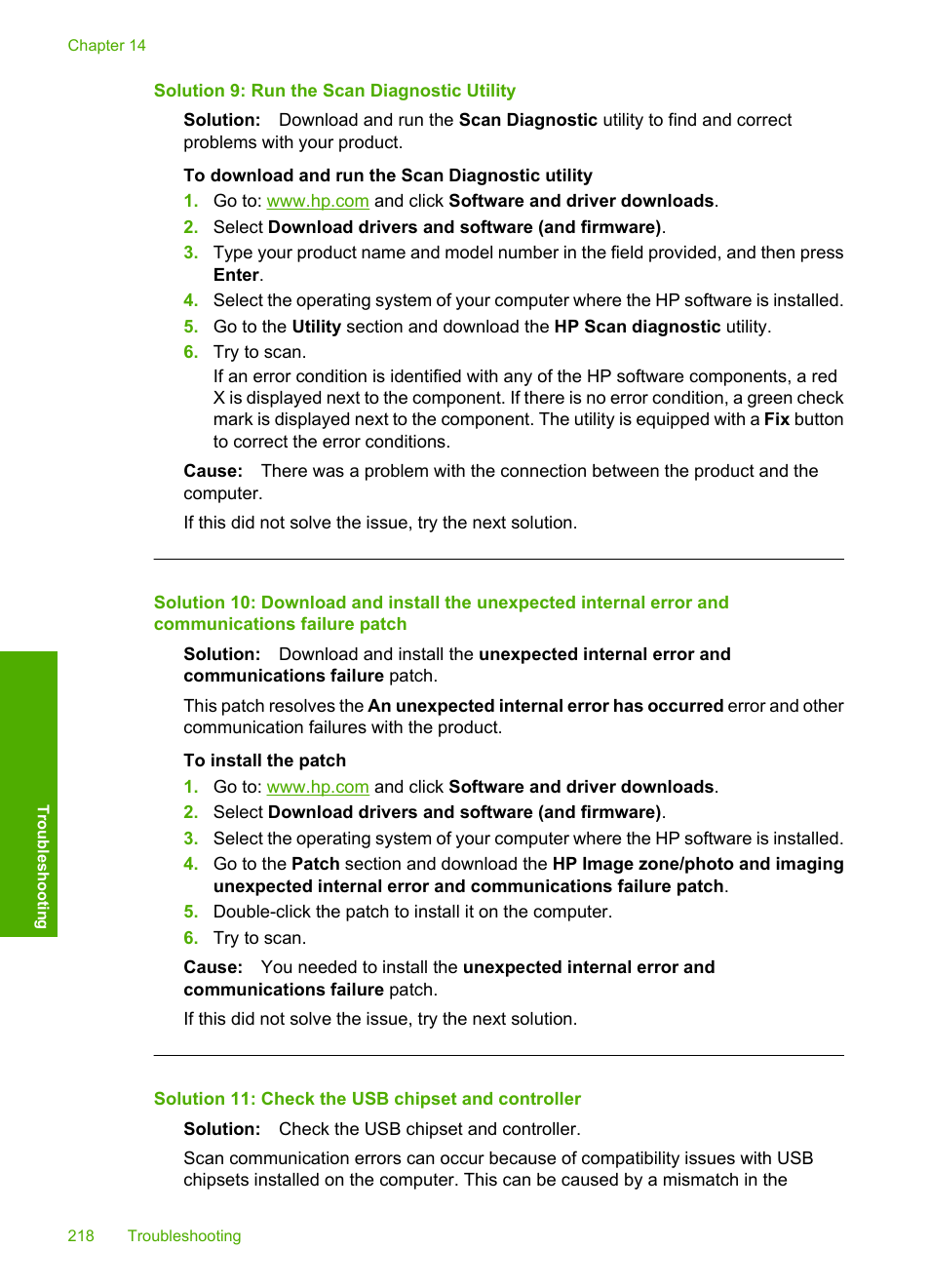 Solution 9: run the scan diagnostic utility, Solution 11: check the usb chipset and controller | HP Photosmart C6340 All-in-One Printer User Manual | Page 221 / 331