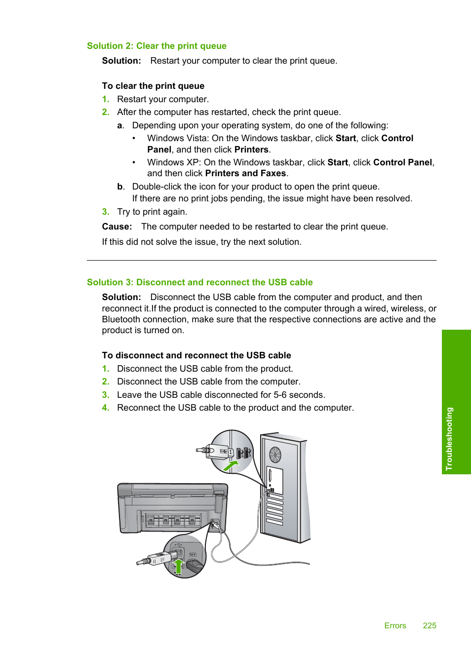 Solution 2: clear the print queue, Solution 3: disconnect and reconnect the usb cable | HP Photosmart C6340 All-in-One Printer User Manual | Page 228 / 331