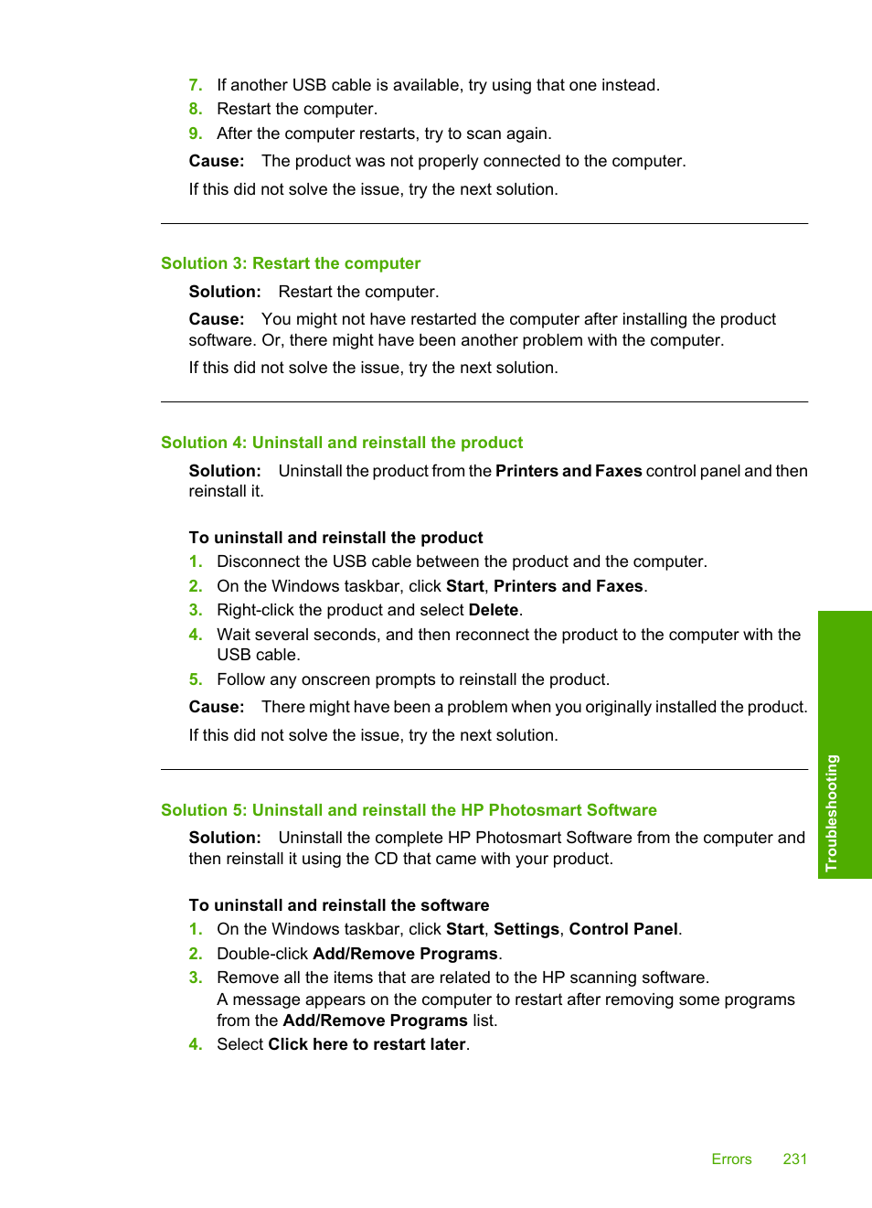 Solution 3: restart the computer, Solution 4: uninstall and reinstall the product | HP Photosmart C6340 All-in-One Printer User Manual | Page 234 / 331
