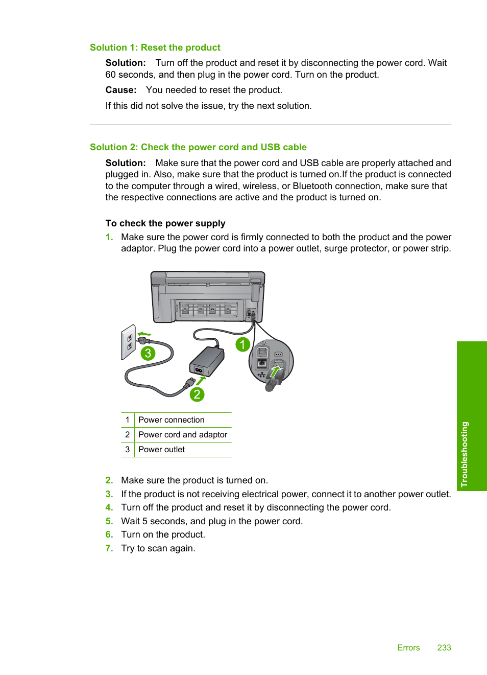 Solution 1: reset the product, Solution 2: check the power cord and usb cable | HP Photosmart C6340 All-in-One Printer User Manual | Page 236 / 331