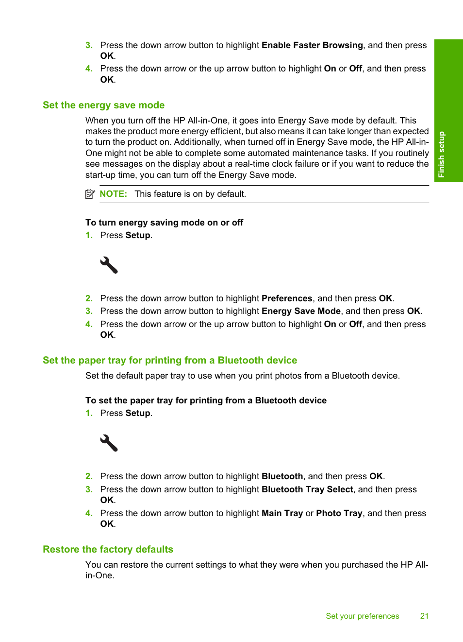 Set the energy save mode, Restore the factory defaults | HP Photosmart C6340 All-in-One Printer User Manual | Page 24 / 331