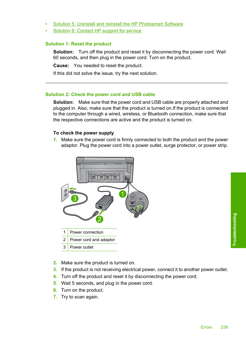 Solution 1: reset the product, Solution 2: check the power cord and usb cable | HP Photosmart C6340 All-in-One Printer User Manual | Page 242 / 331