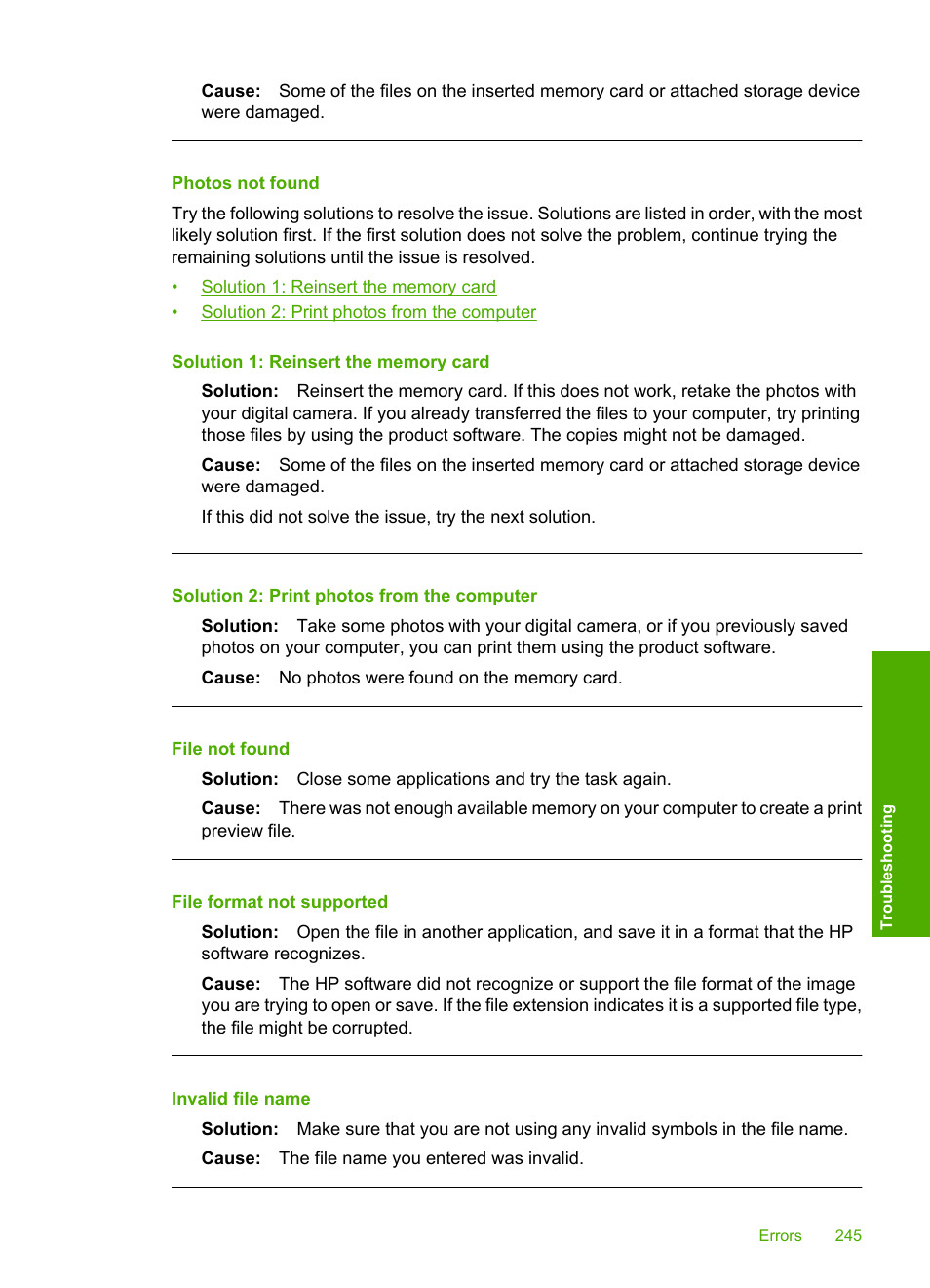 Photos not found, File not found, File format not supported | Invalid file name | HP Photosmart C6340 All-in-One Printer User Manual | Page 248 / 331
