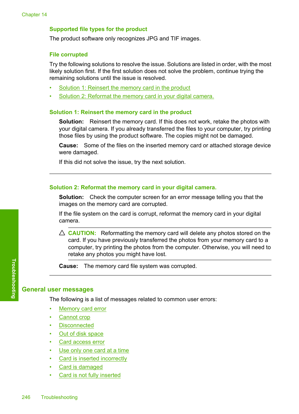 Supported file types for the product, File corrupted, General user messages | HP Photosmart C6340 All-in-One Printer User Manual | Page 249 / 331