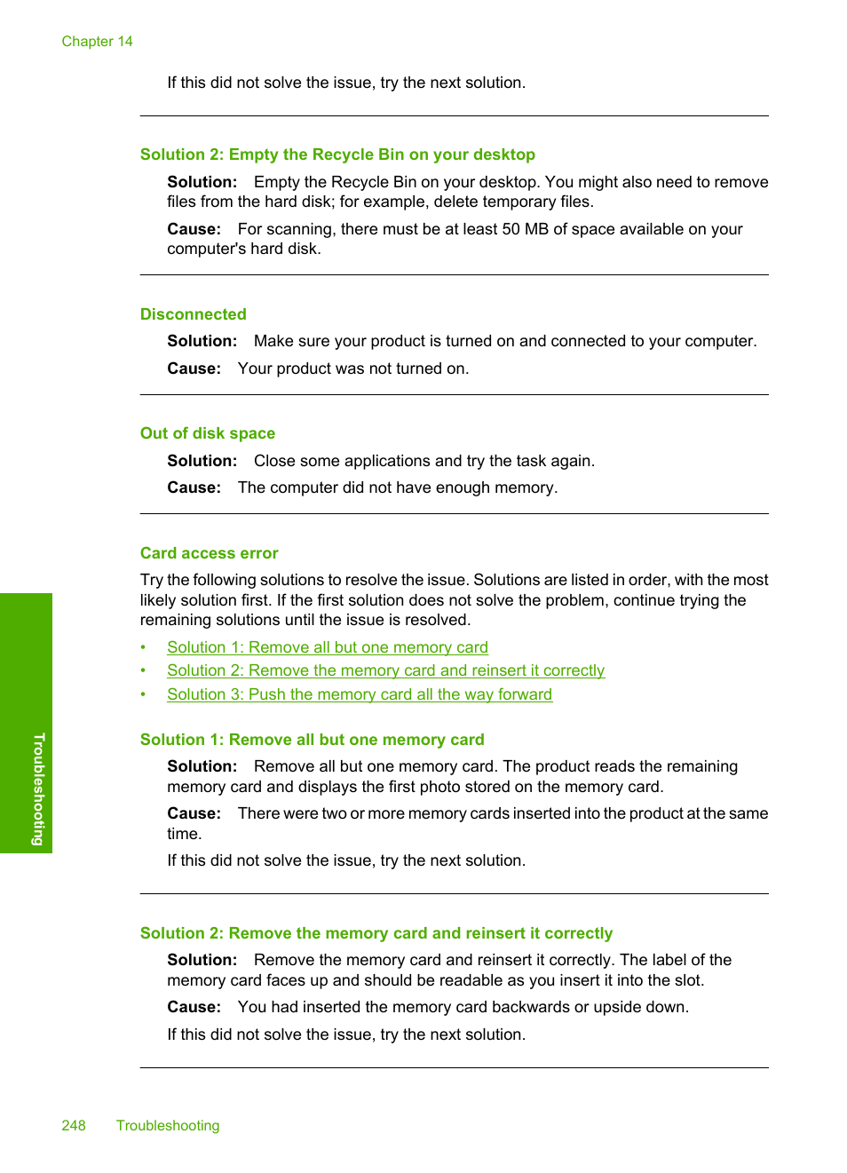 Card access error, Disconnected, Out of disk space | Solution 2: empty the recycle bin on your desktop | HP Photosmart C6340 All-in-One Printer User Manual | Page 251 / 331