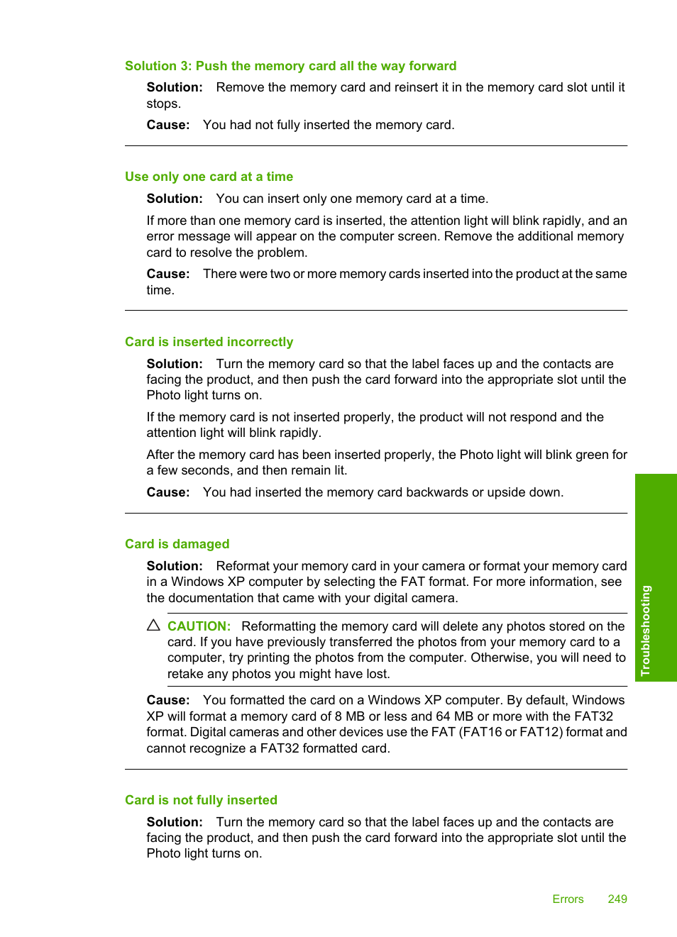 Use only one card at a time, Card is inserted incorrectly, Card is damaged | Card is not fully inserted | HP Photosmart C6340 All-in-One Printer User Manual | Page 252 / 331