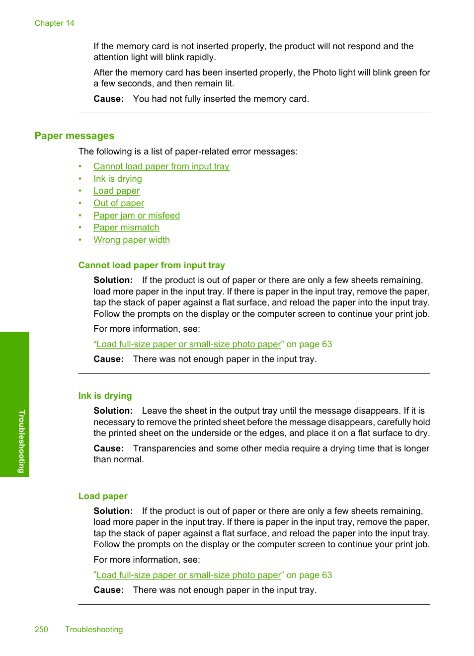 Paper messages | HP Photosmart C6340 All-in-One Printer User Manual | Page 253 / 331