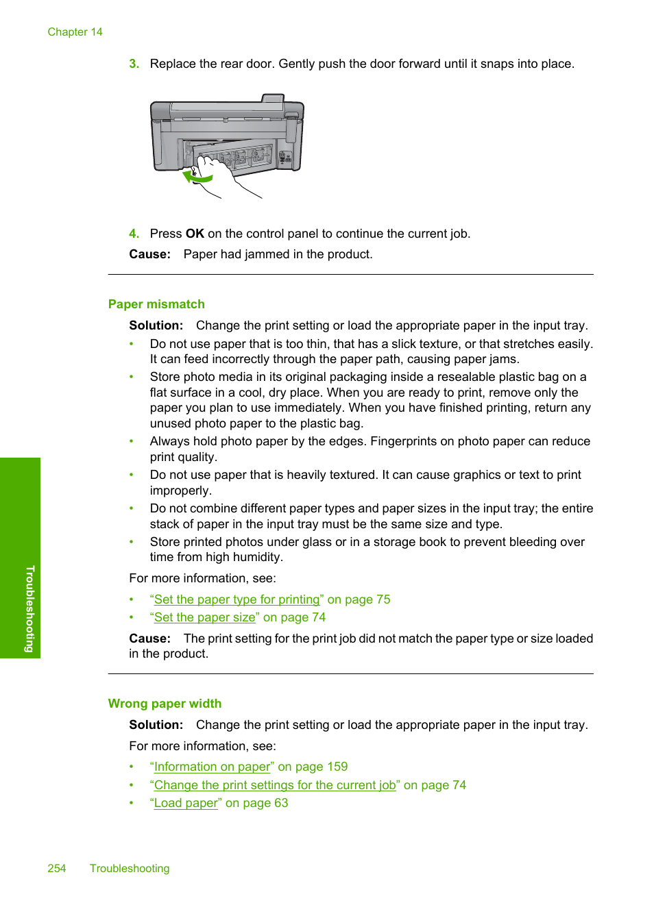 Paper mismatch, Wrong paper width | HP Photosmart C6340 All-in-One Printer User Manual | Page 257 / 331
