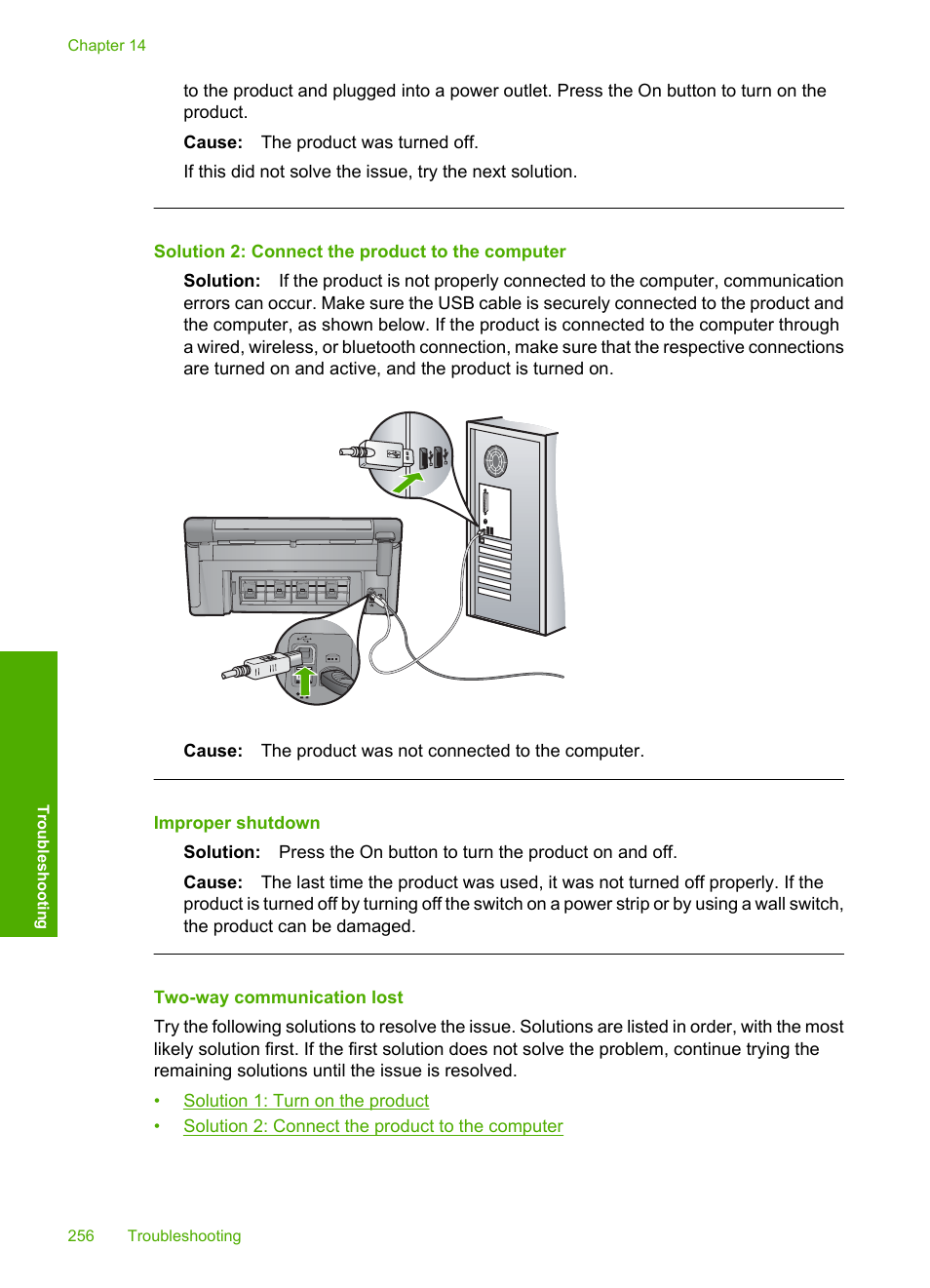 Two-way communication lost, Improper shutdown, Solution 2: connect the product to the computer | HP Photosmart C6340 All-in-One Printer User Manual | Page 259 / 331