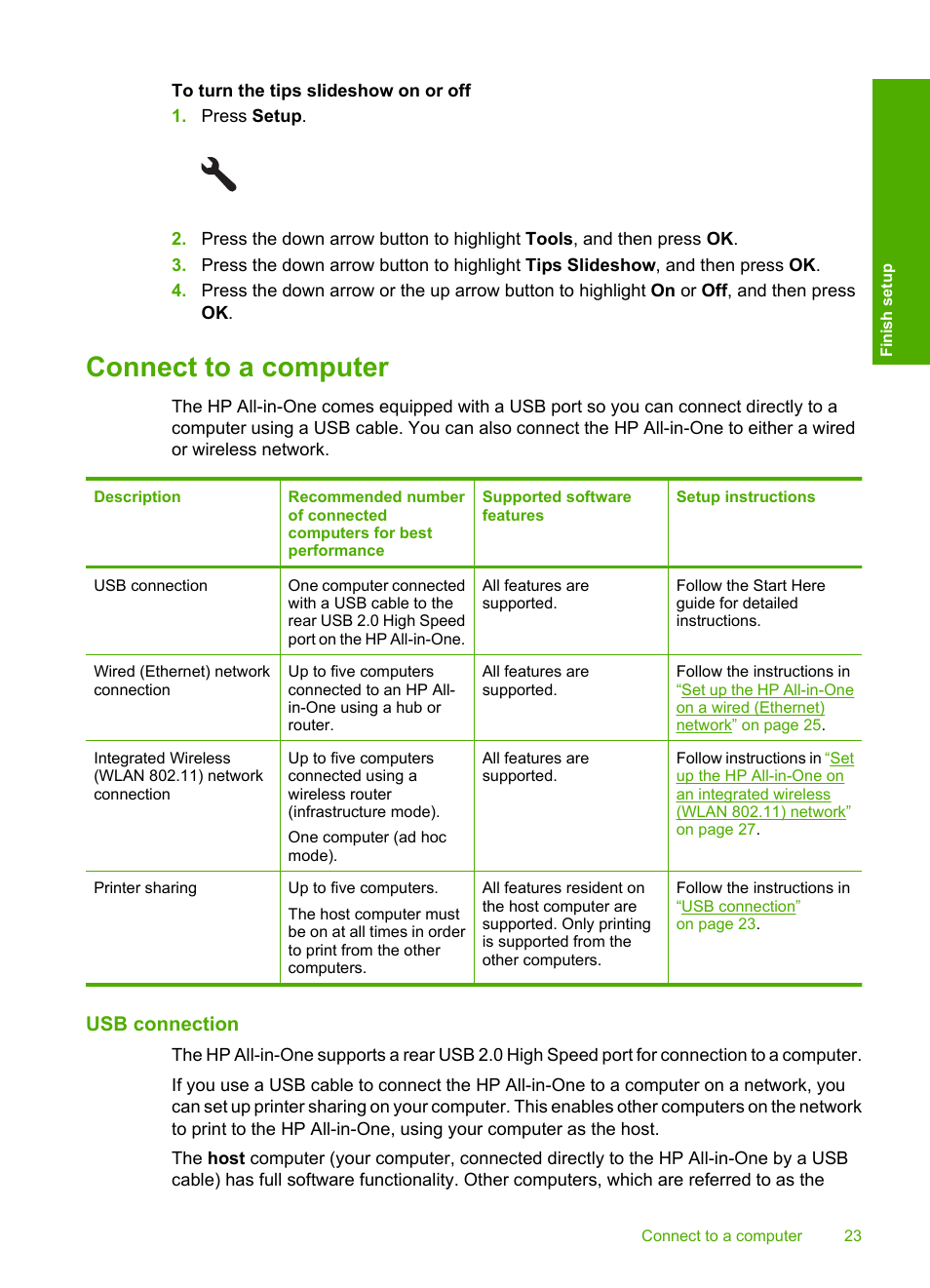 Connect to a computer, Usb connection, Usb connection network connection | HP Photosmart C6340 All-in-One Printer User Manual | Page 26 / 331