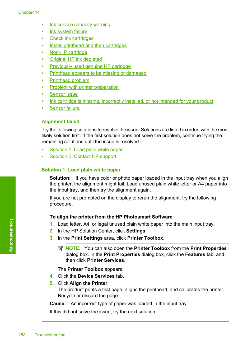 Alignment failed | HP Photosmart C6340 All-in-One Printer User Manual | Page 261 / 331