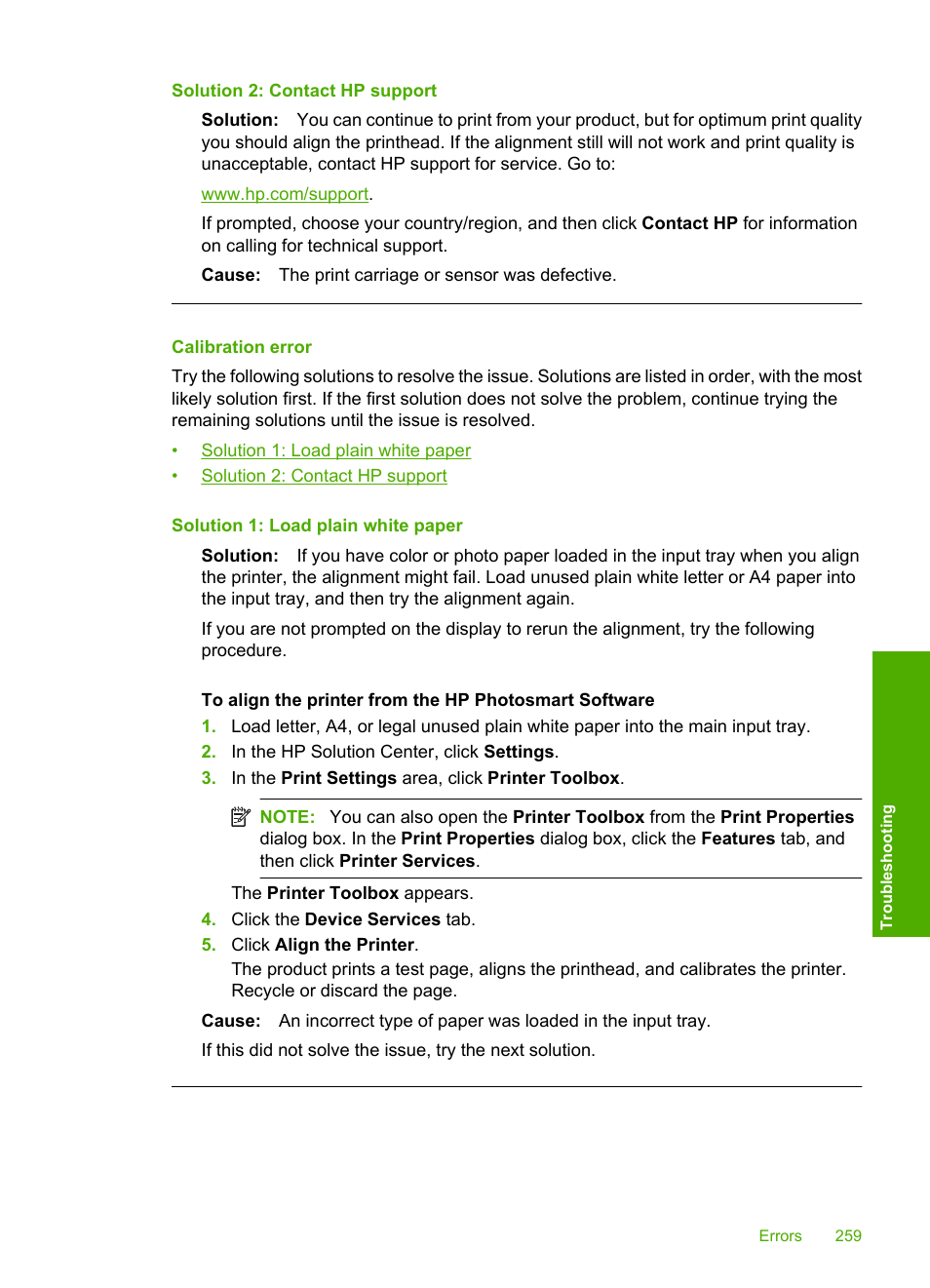 Calibration error, Solution 2: contact hp support | HP Photosmart C6340 All-in-One Printer User Manual | Page 262 / 331