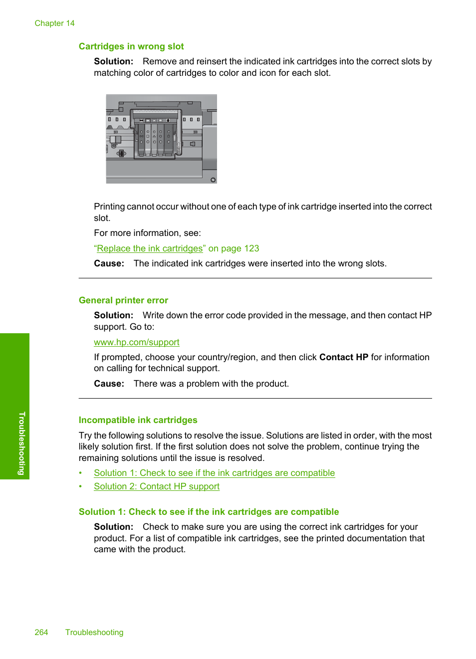 Incompatible ink cartridges, Cartridges in wrong slot, General printer error | HP Photosmart C6340 All-in-One Printer User Manual | Page 267 / 331