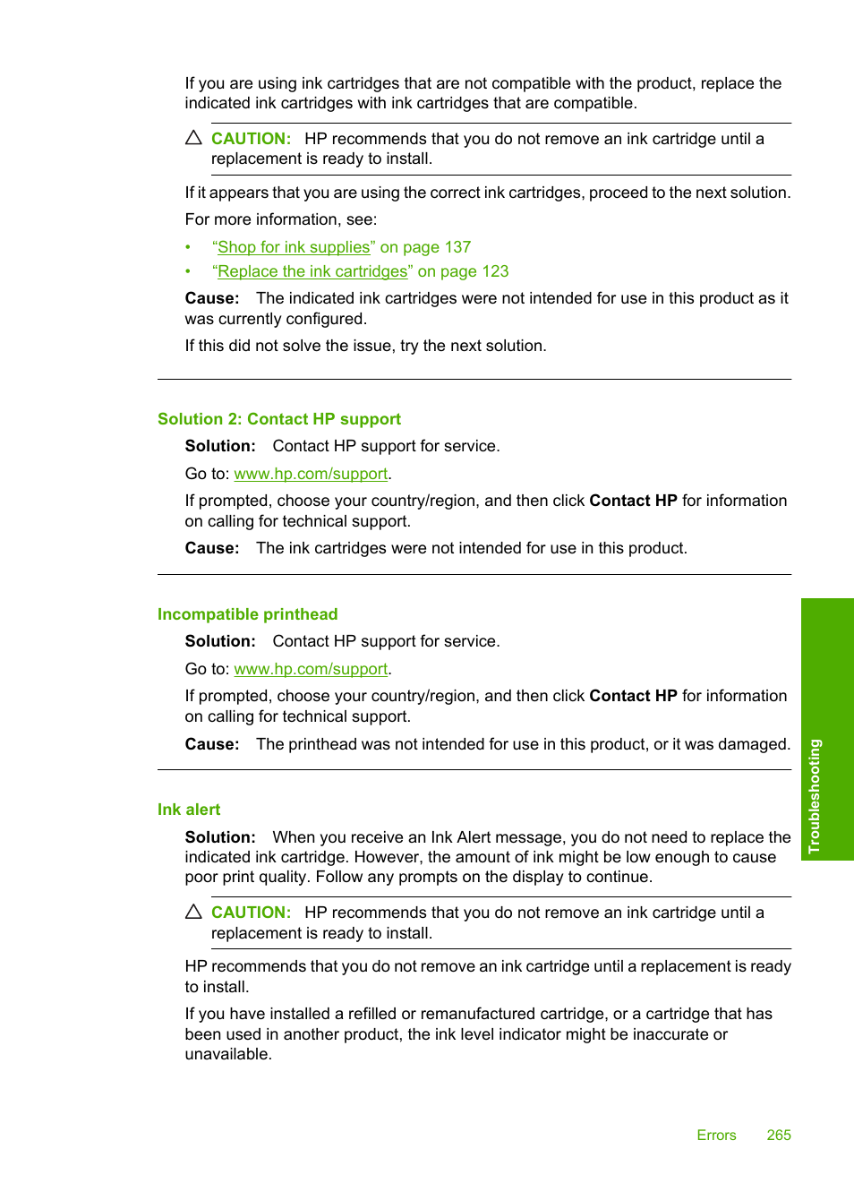 Incompatible printhead, Ink alert | HP Photosmart C6340 All-in-One Printer User Manual | Page 268 / 331