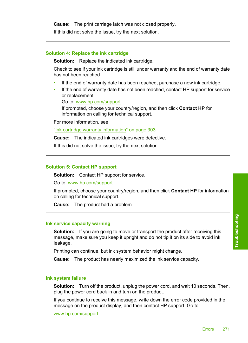 Ink service capacity warning, Ink system failure, Solution 4: replace the ink cartridge | Solution 5: contact hp support | HP Photosmart C6340 All-in-One Printer User Manual | Page 274 / 331