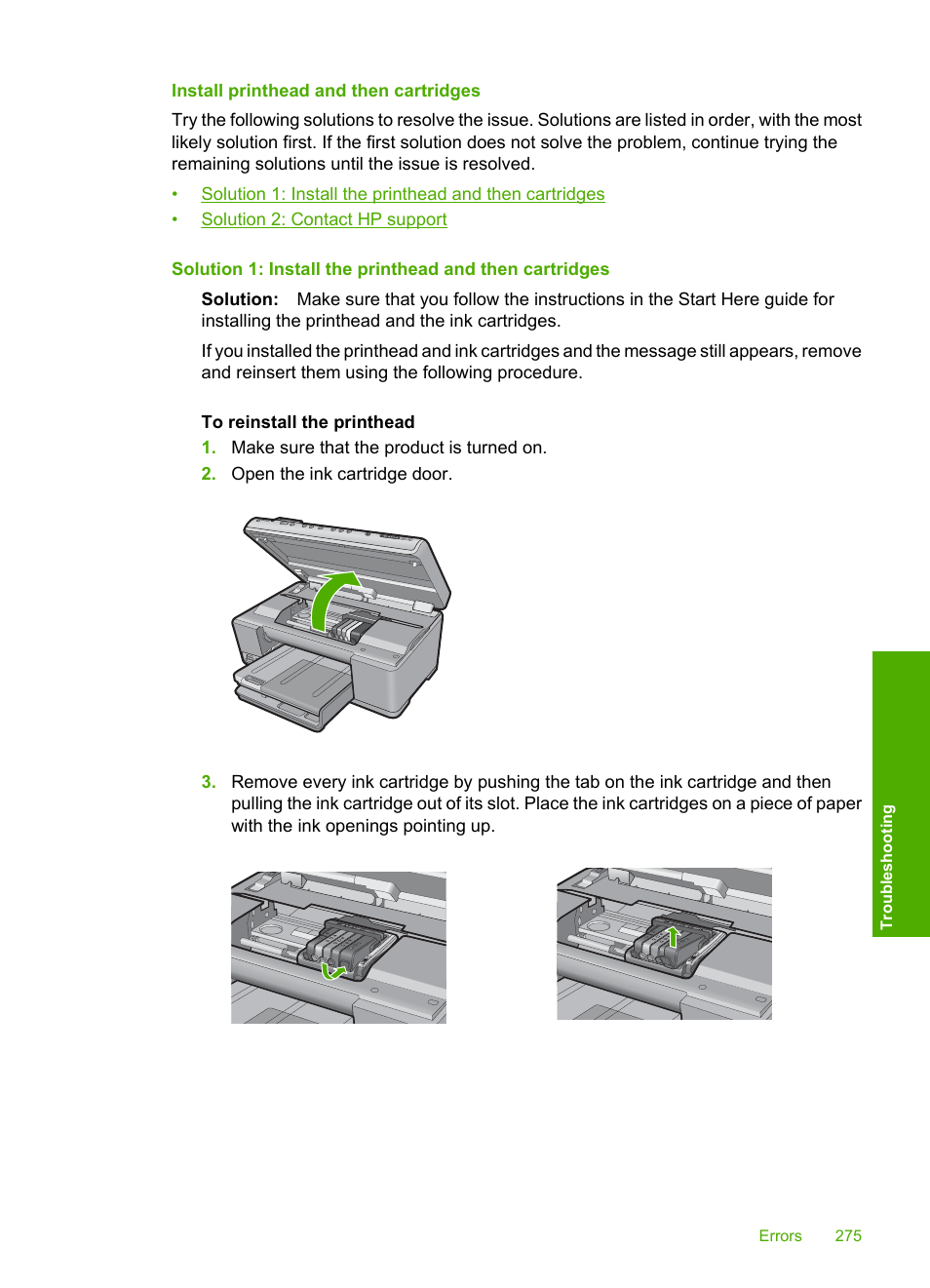 Install printhead and then cartridges | HP Photosmart C6340 All-in-One Printer User Manual | Page 278 / 331