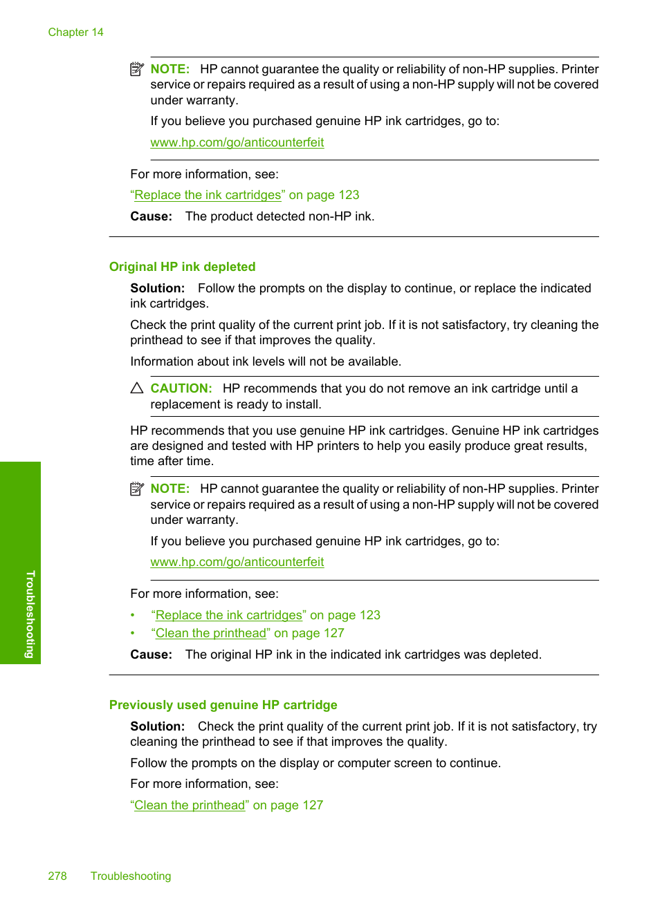 Original hp ink depleted, Previously used genuine hp cartridge | HP Photosmart C6340 All-in-One Printer User Manual | Page 281 / 331