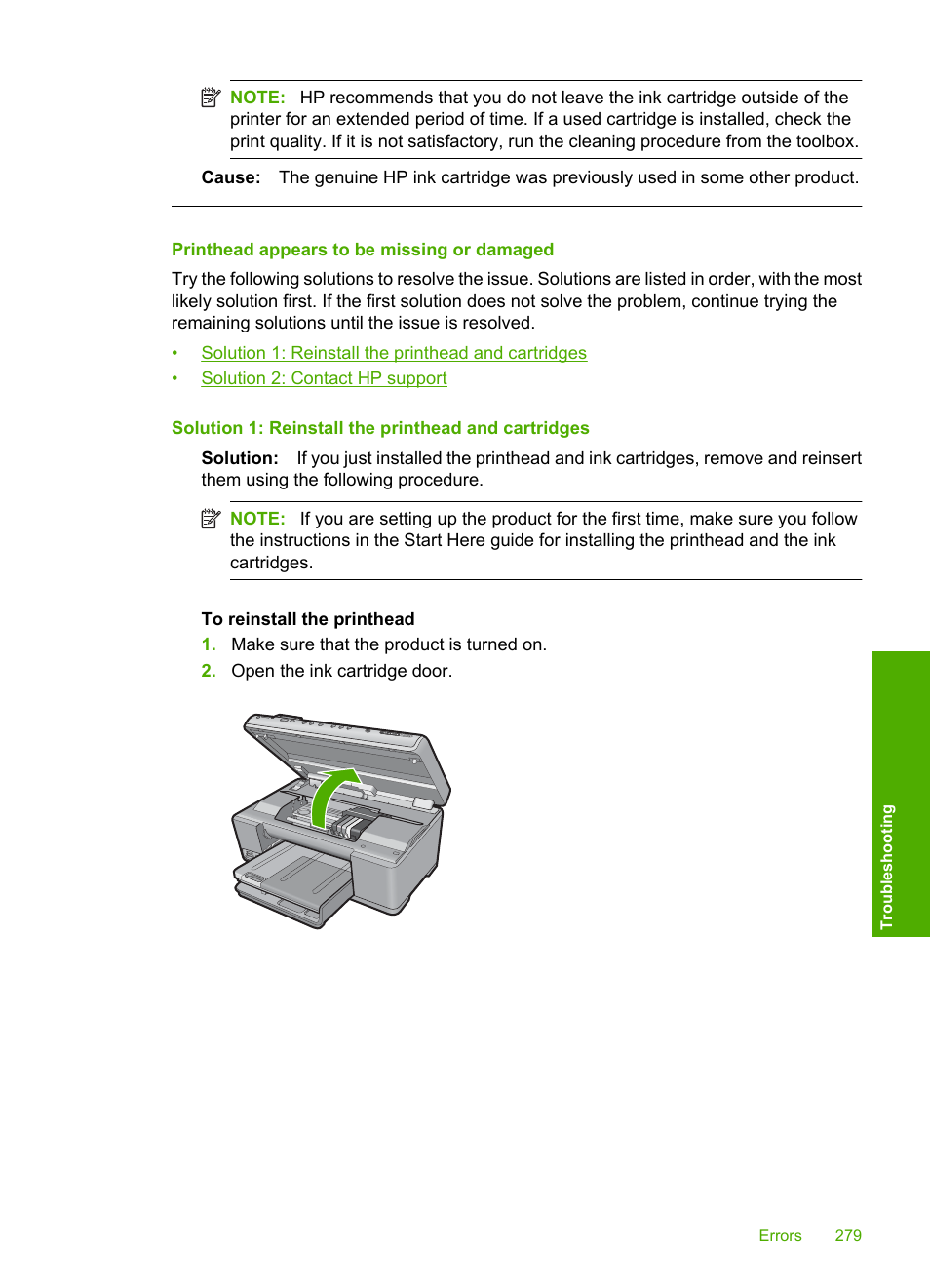 Printhead appears to be missing or damaged | HP Photosmart C6340 All-in-One Printer User Manual | Page 282 / 331
