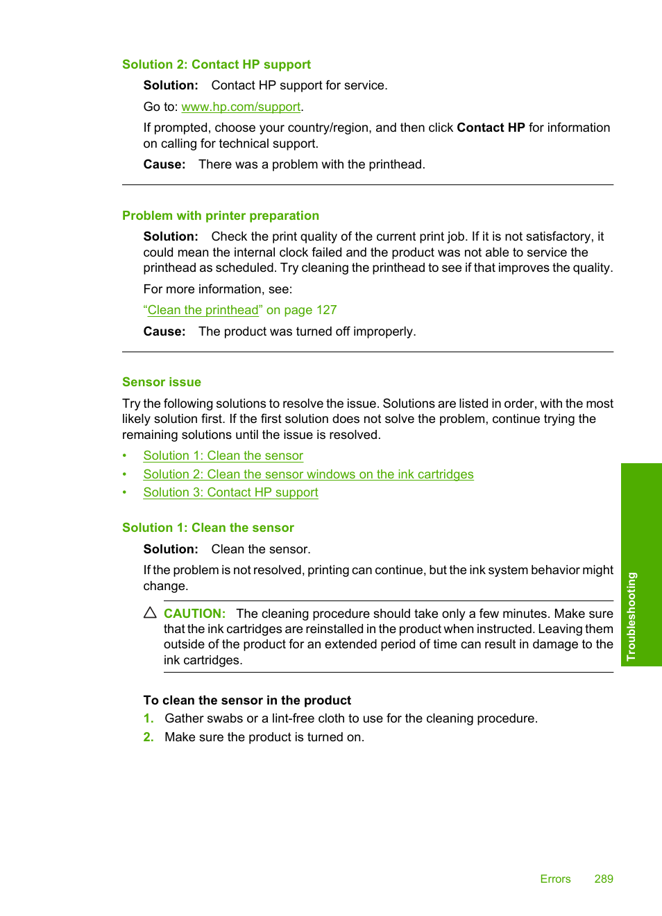 Sensor issue, Problem with printer preparation | HP Photosmart C6340 All-in-One Printer User Manual | Page 292 / 331