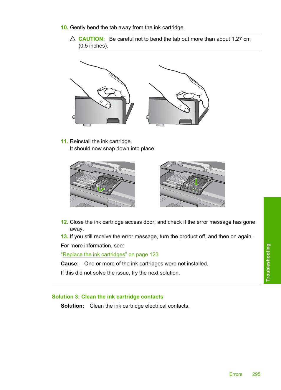 Solution 3: clean the ink cartridge contacts | HP Photosmart C6340 All-in-One Printer User Manual | Page 298 / 331