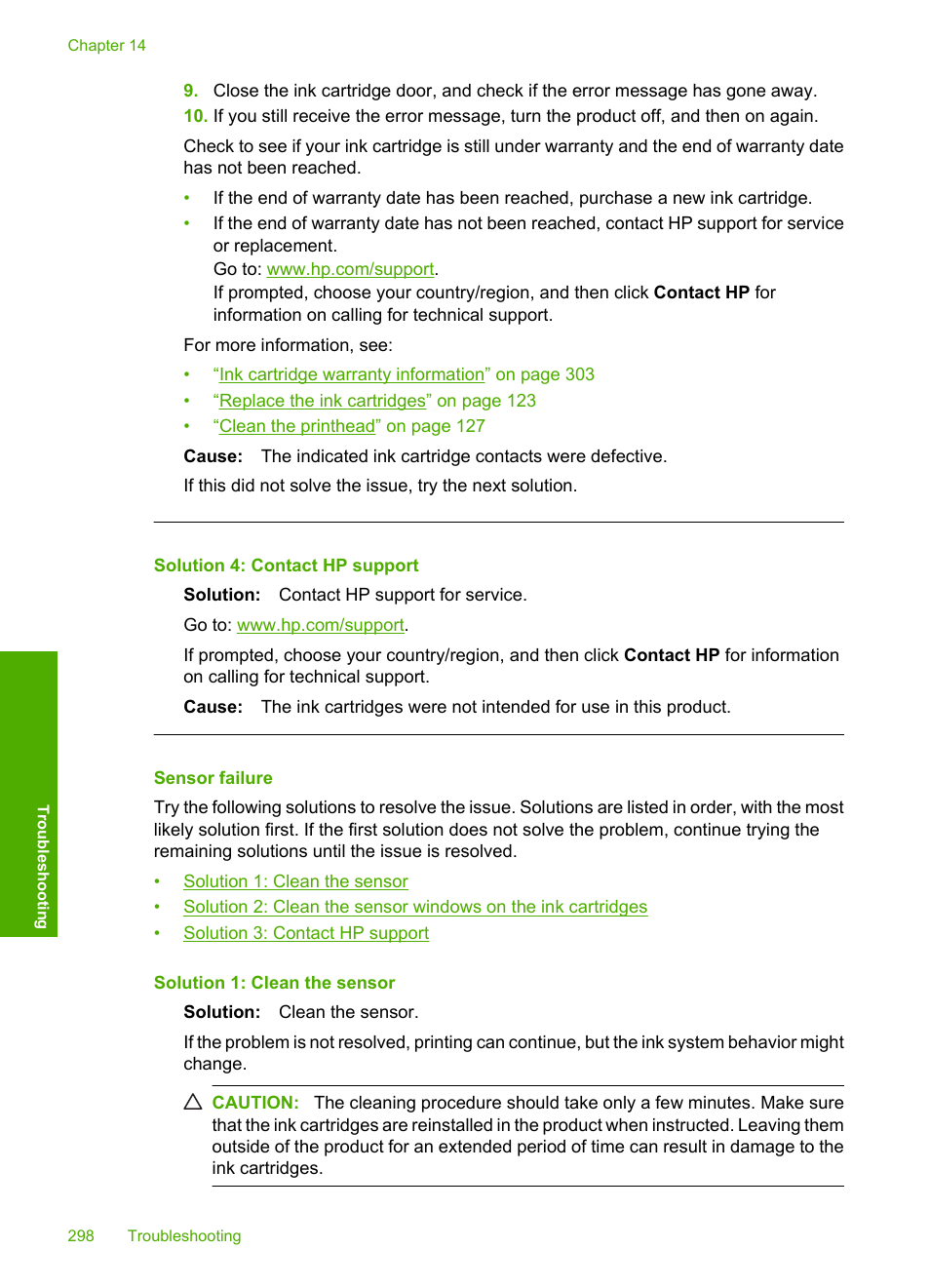 Sensor failure, Solution 4: contact hp support | HP Photosmart C6340 All-in-One Printer User Manual | Page 301 / 331