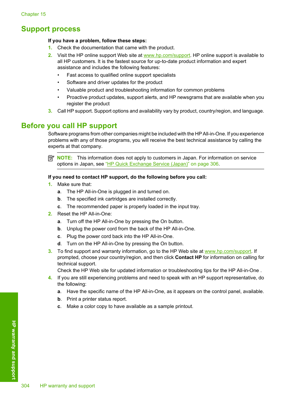 Support process, Before you call hp support, Support process before you call hp support | HP Photosmart C6340 All-in-One Printer User Manual | Page 307 / 331