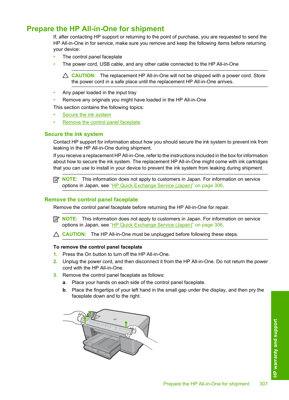 Prepare the hp all-in-one for shipment, Secure the ink system, Remove the control panel faceplate | HP Photosmart C6340 All-in-One Printer User Manual | Page 310 / 331