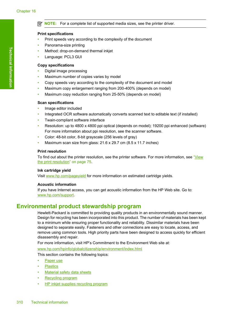 Environmental product stewardship program | HP Photosmart C6340 All-in-One Printer User Manual | Page 313 / 331