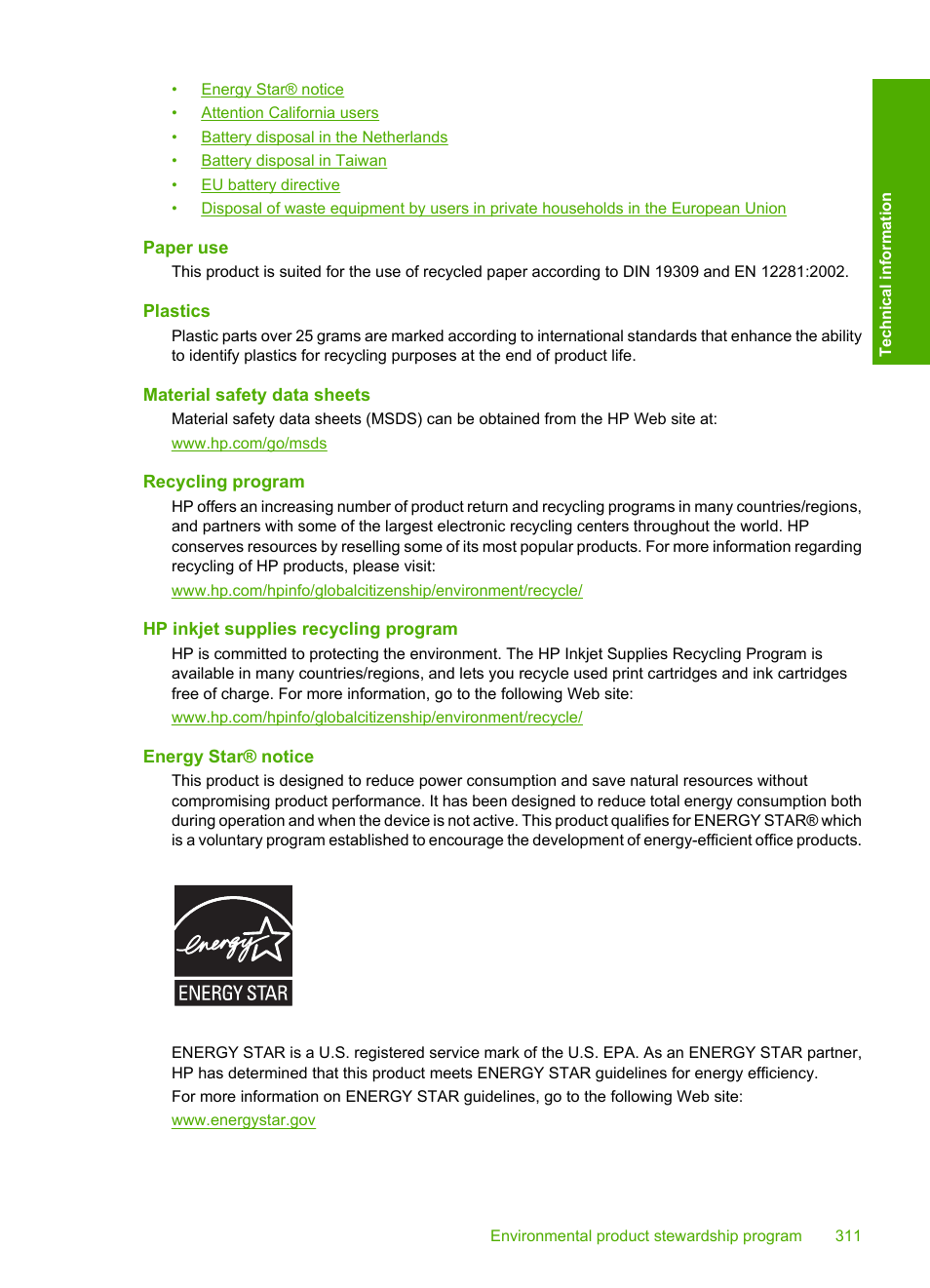 Paper use, Plastics, Material safety data sheets | Recycling program, Hp inkjet supplies recycling program, Energy star® notice | HP Photosmart C6340 All-in-One Printer User Manual | Page 314 / 331
