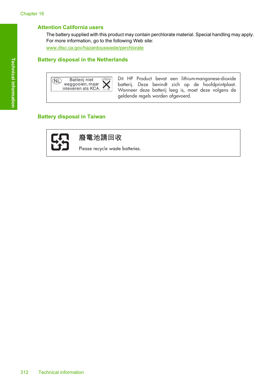 Attention california users, Battery disposal in the netherlands, Battery disposal in taiwan | HP Photosmart C6340 All-in-One Printer User Manual | Page 315 / 331