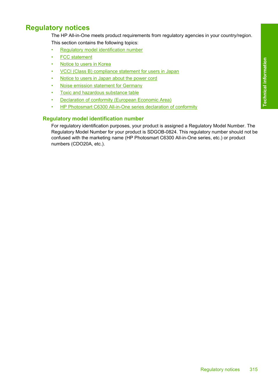 Regulatory notices, Regulatory model identification number | HP Photosmart C6340 All-in-One Printer User Manual | Page 318 / 331