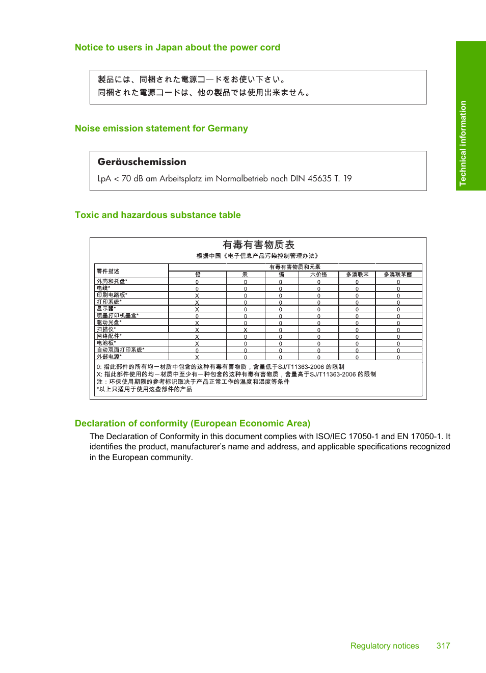 Notice to users in japan about the power cord, Noise emission statement for germany, Toxic and hazardous substance table | Declaration of conformity (european economic area) | HP Photosmart C6340 All-in-One Printer User Manual | Page 320 / 331