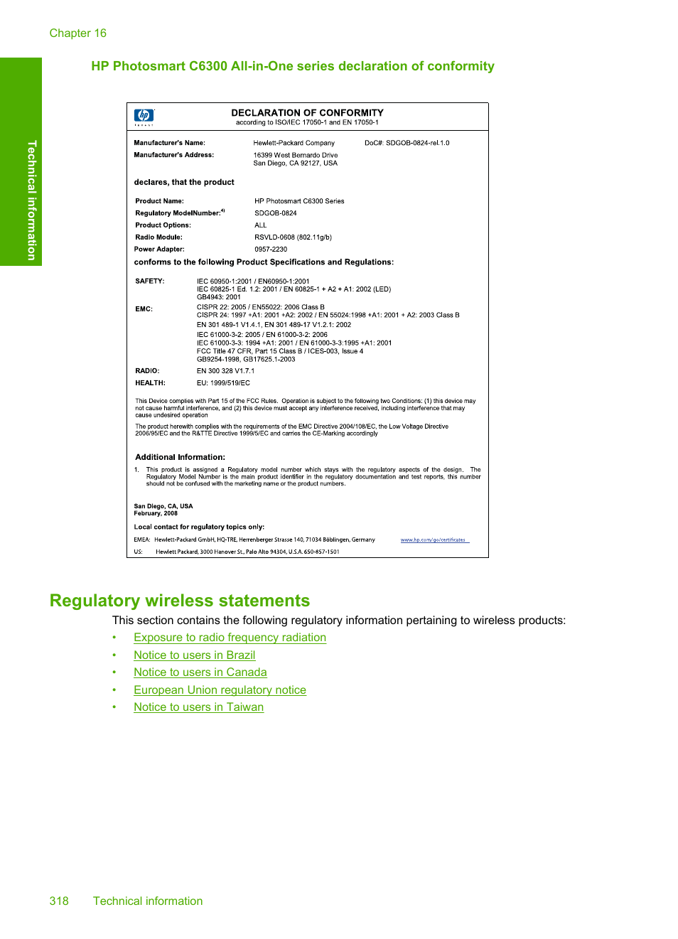 Regulatory wireless statements | HP Photosmart C6340 All-in-One Printer User Manual | Page 321 / 331