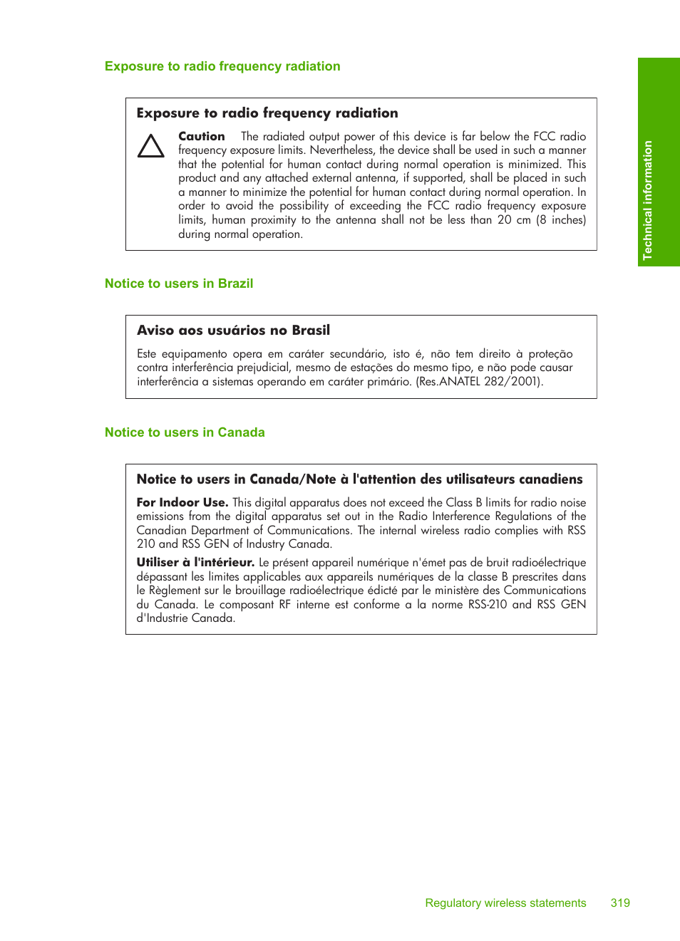 Exposure to radio frequency radiation, Notice to users in brazil, Notice to users in canada | HP Photosmart C6340 All-in-One Printer User Manual | Page 322 / 331
