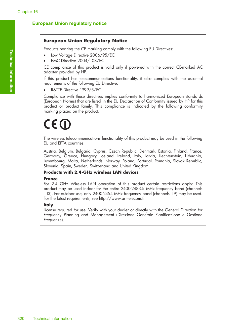 European union regulatory notice | HP Photosmart C6340 All-in-One Printer User Manual | Page 323 / 331