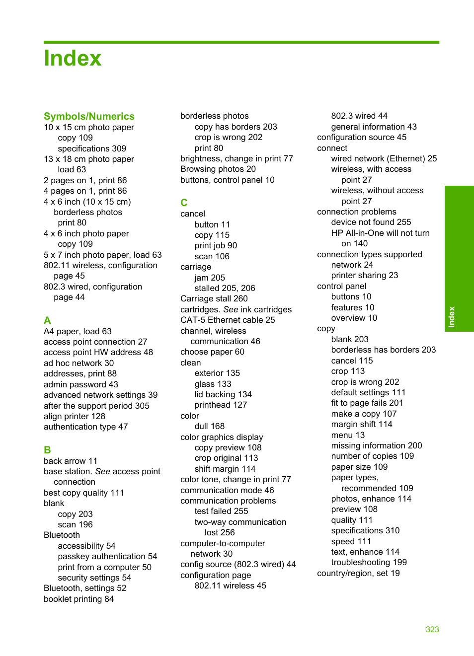 Index | HP Photosmart C6340 All-in-One Printer User Manual | Page 326 / 331