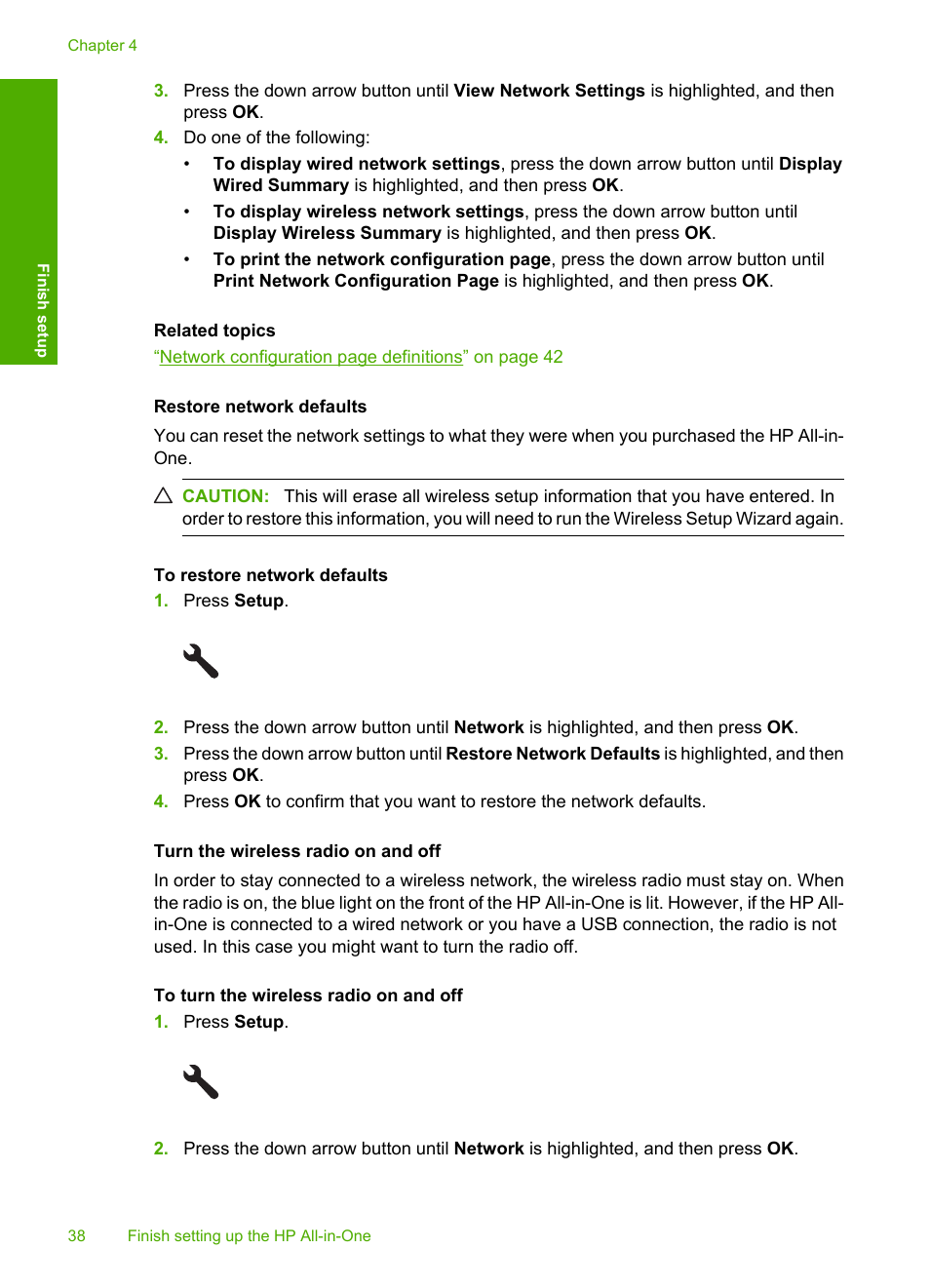 Restore network defaults, Turn the wireless radio on and off | HP Photosmart C6340 All-in-One Printer User Manual | Page 41 / 331